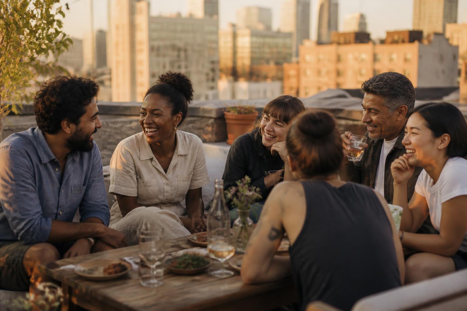 Six adults talking around a long table at a supper club, mid-laugh